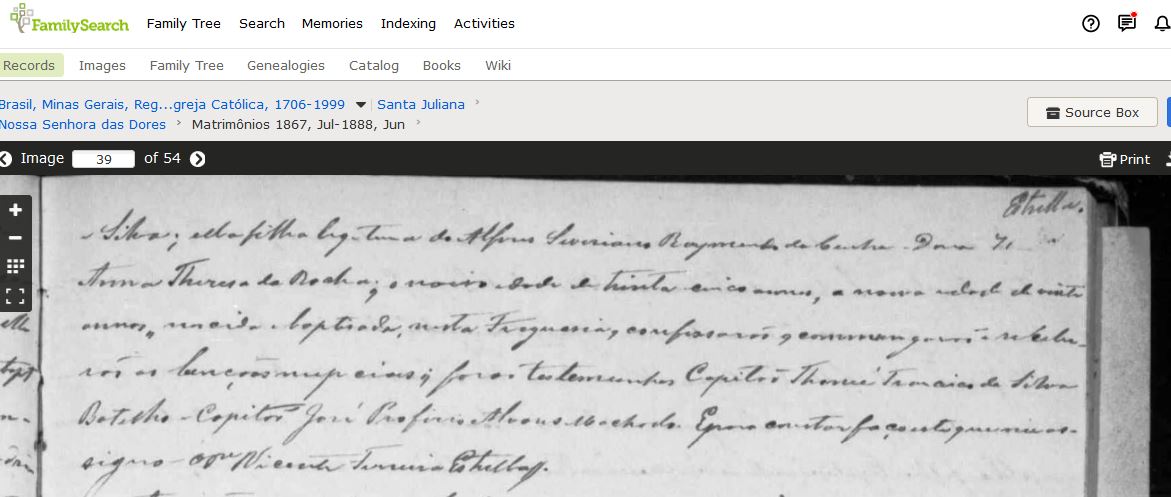 Cas Araxa Capitao Augusto Teixeira Alvares 2a nupcias com Maria Severiano Rocha da Silva viuvo de Bartholina de Affonseca e Silva 21 April 1884 pg 665 close b