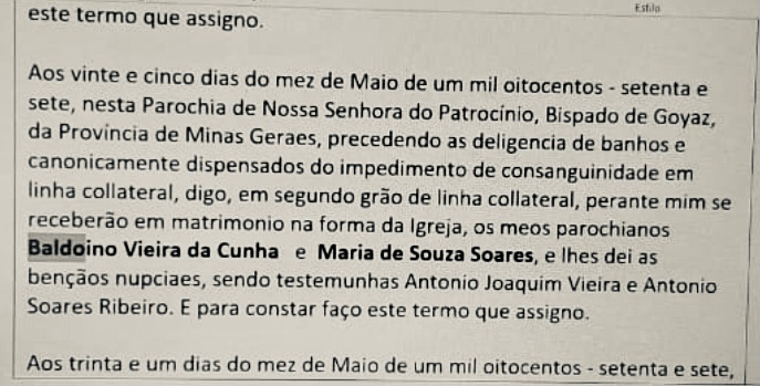Cas Maria de SOuza Soares e Baldoino Vieira da Cunha 25 May 1877 Transcricao Dr Adeilson Patrocinio