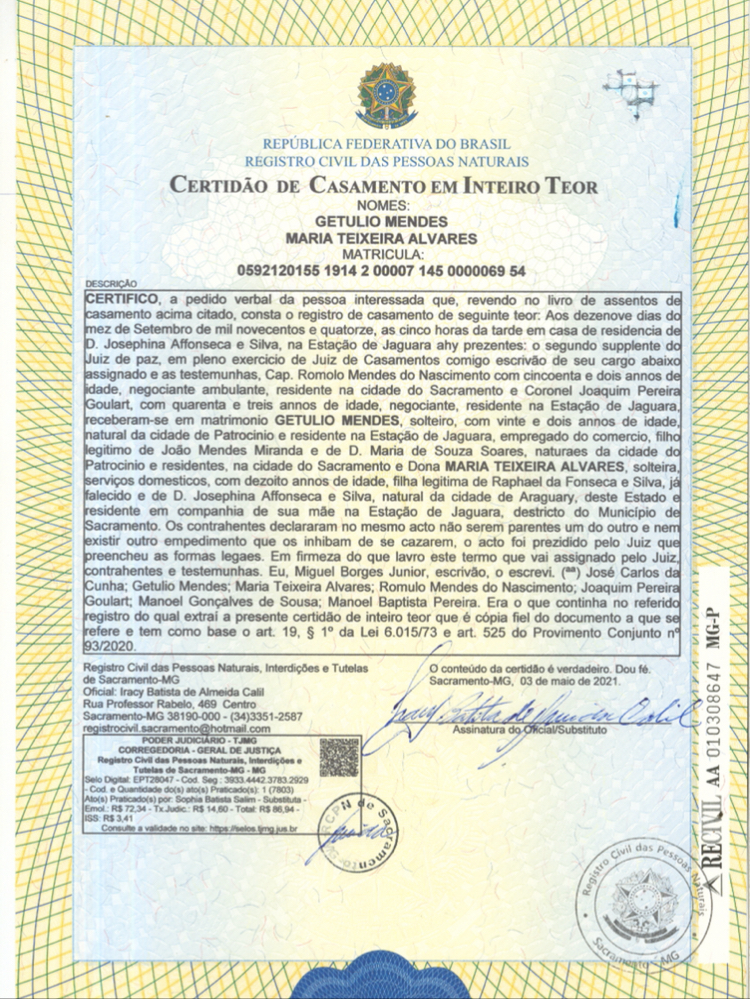 Cas Getulio Mendes e Maria Teixeira Alvares em Sacramento