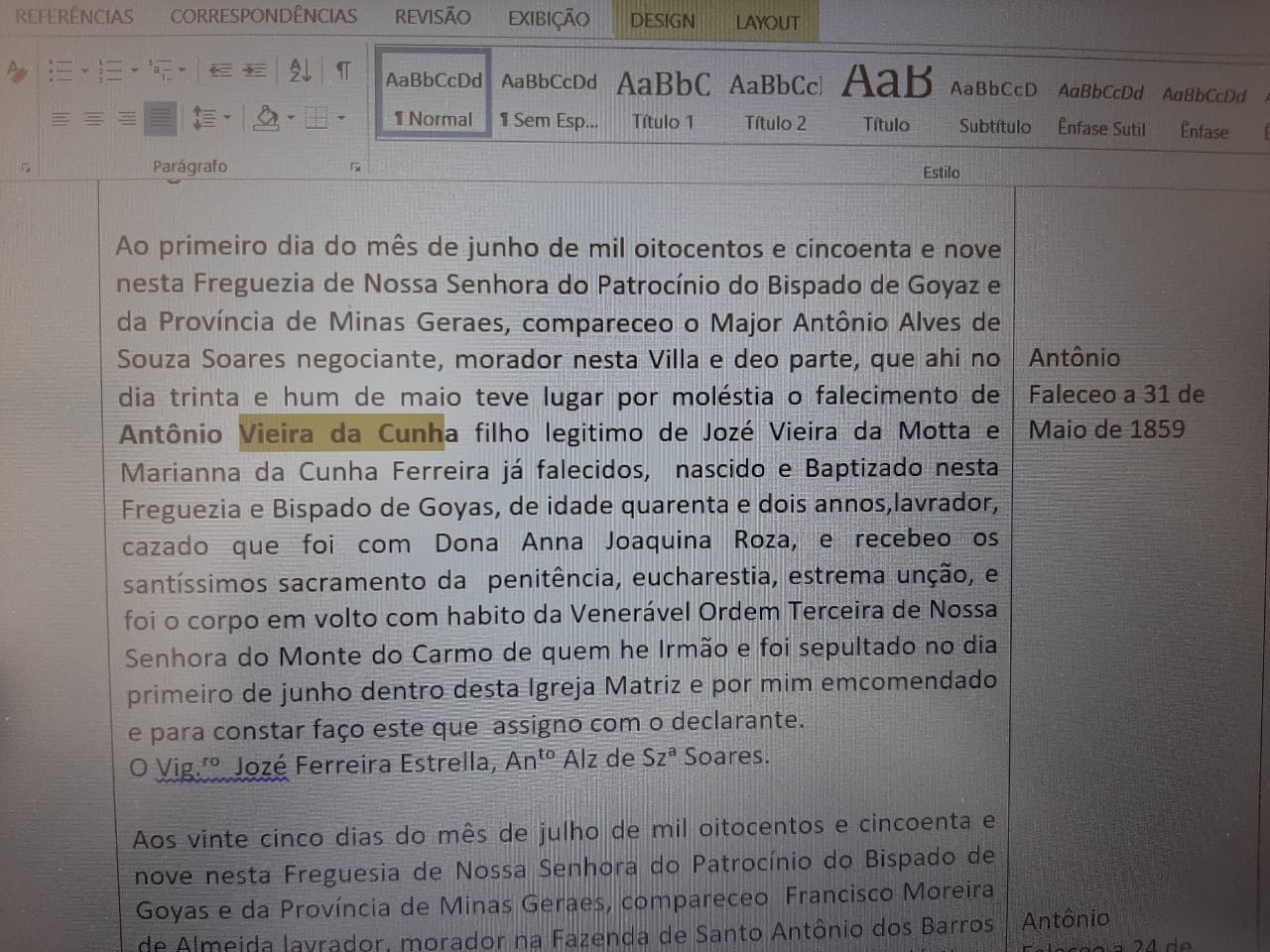 obito Antônio Vieira da Cunha marido de Ana Joaquina Rosa irma do Major Antonio Alves de Souza Soares - Ribeiro de Brito