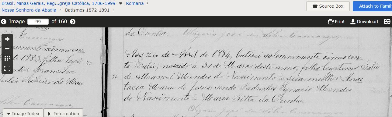 Clenia Reis 13 d Salu f. Manuel Mendes do Nascimento e Anastacia Maria de Jesus pad Ignacio Mendes do Nascimento e Maria Ritta da Cunha 26 Apr 1884 Romaria