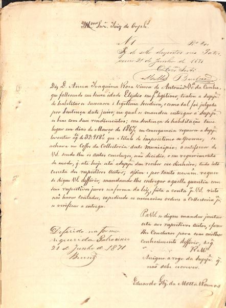 Inventario Antonio Vieira da Cunha pag 55 morte do herdeiro Elidio menor heranca pedida pela mae 1871
