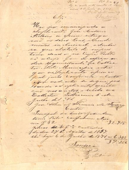 Inventario Antonio Vieira da Cunha pag 62 Hedeiro Jose Antonio Ribeiro emancipado recebe heranca