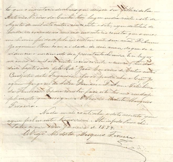 Inventario Antonio Vieira da Cunha pag 73 left Limirio Antonio Ribeiro batismo 1857 pedido 1879
