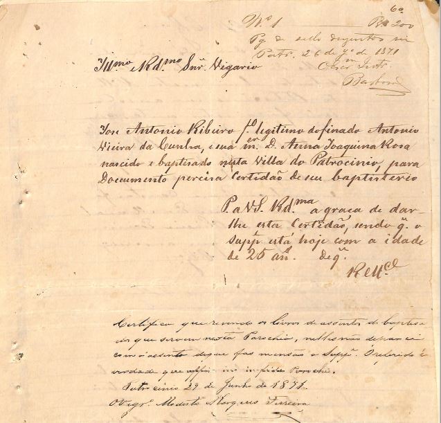 inventario Antonio Vieira da Cunha pag assina herdeiro Antonio Ribeiro em 1871 antes era Antonio Joaquim Vieira