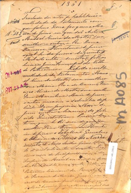 Inventario nulidade pag 1 e div terra Faz Cocaes Joaquina Maria de Jesus tia de Jose Candido Ferreira