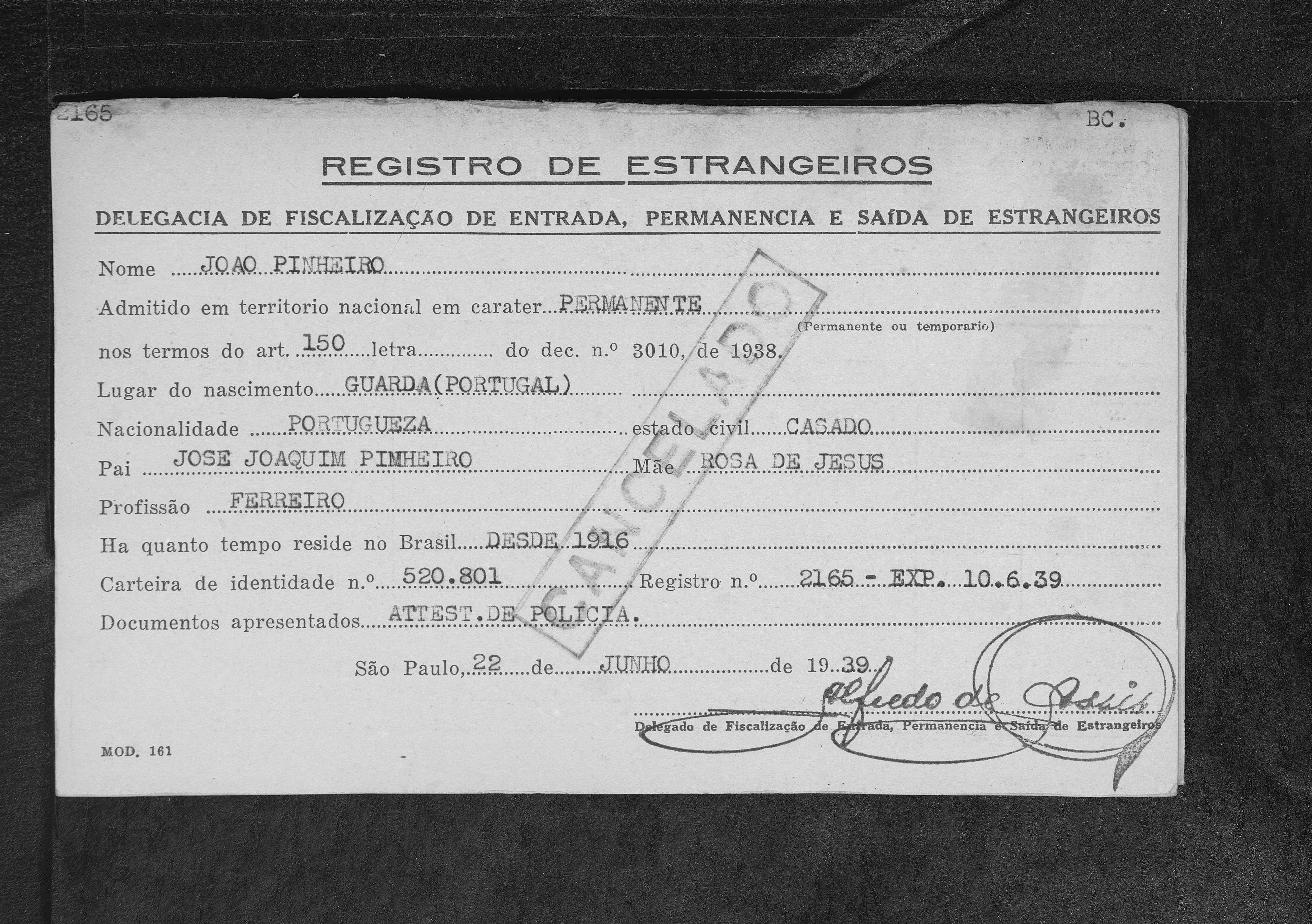 Joao Pinheiro registro de extrangeiro