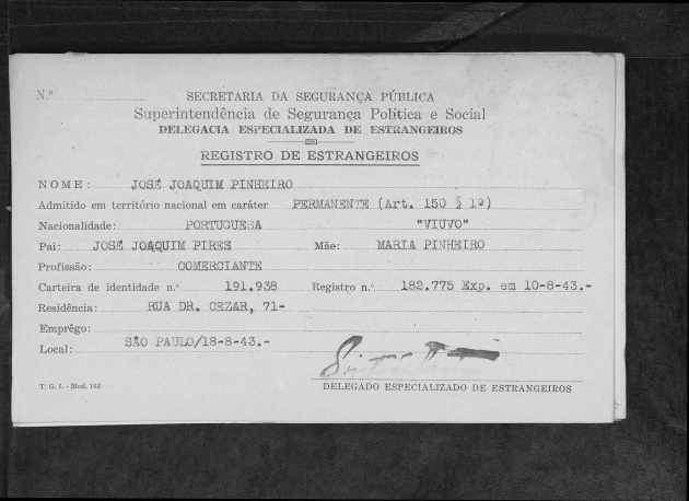Jose Joaquim Pinheiro registro de extrangeiro