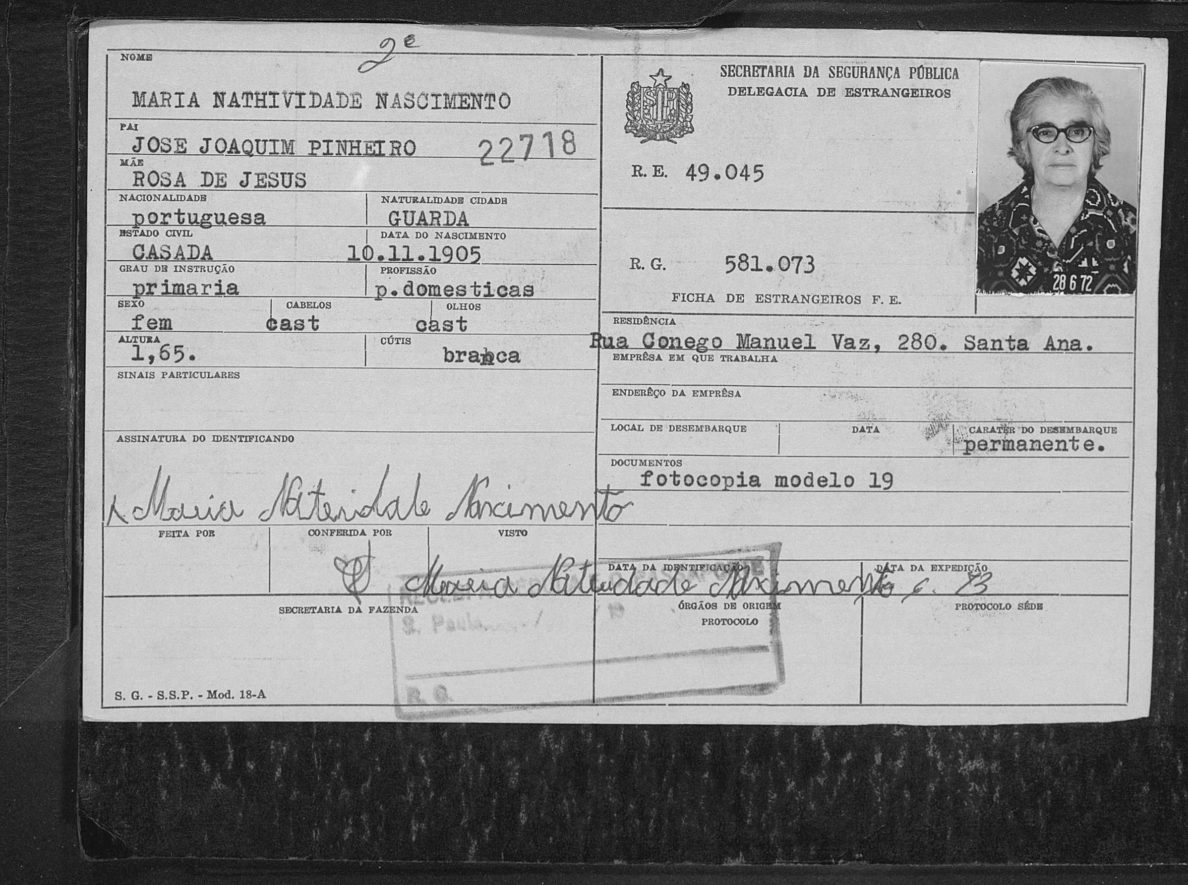 Maria da Natividade Nasicmento registor de extrangeira
