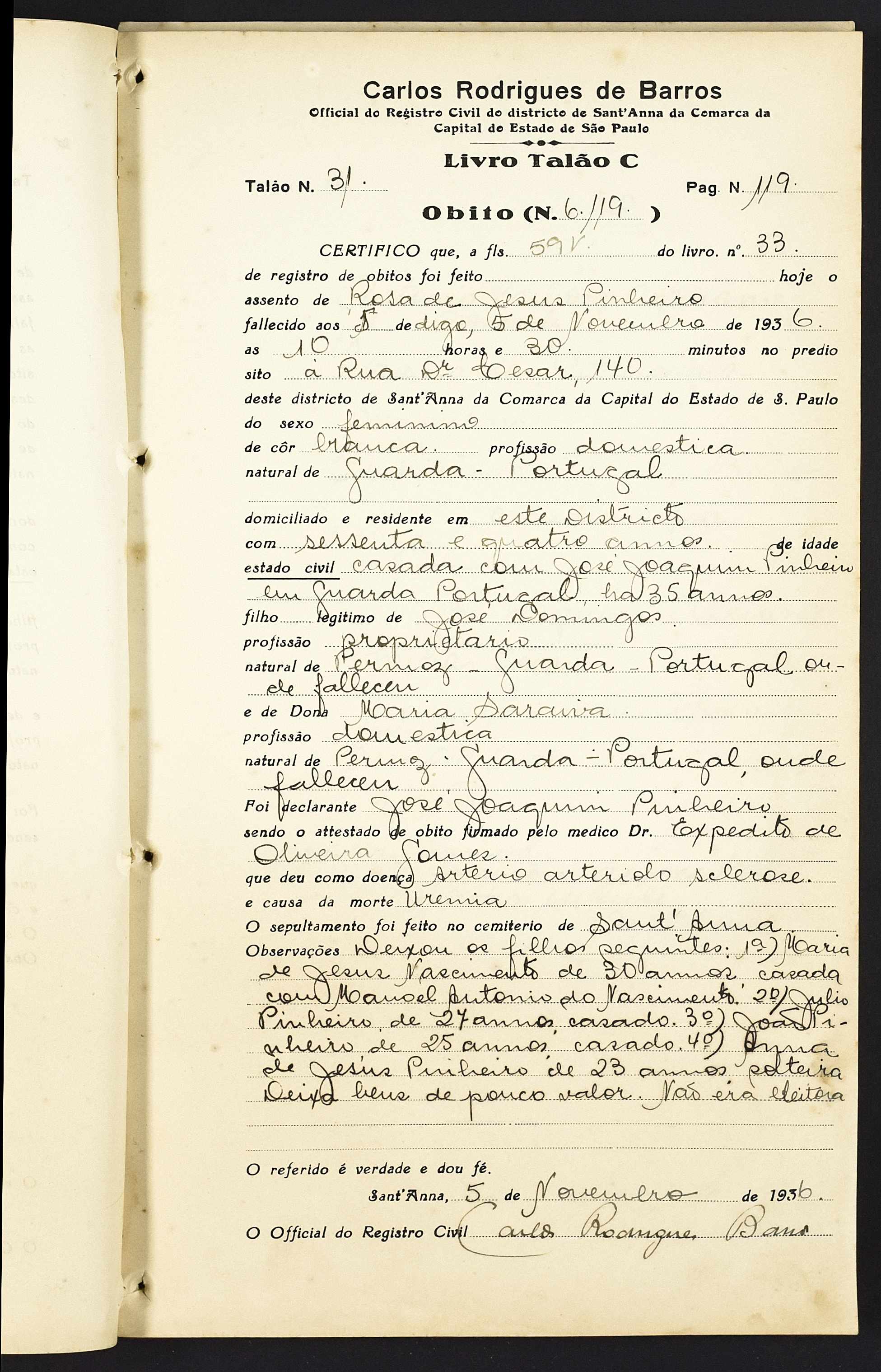 Obito de Rosa Maria de Jesus Pinheiro 1836 SP mae da Maria da Natividade Nascimento