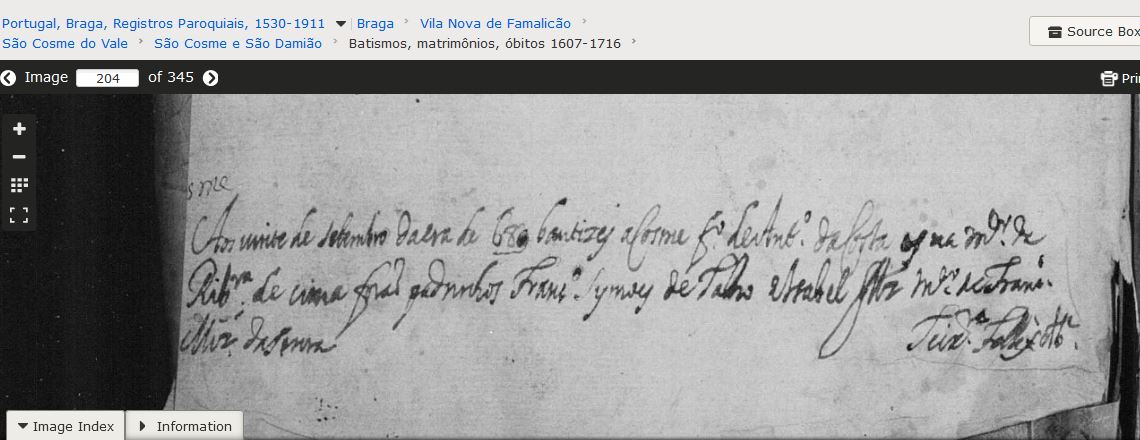 Bat Cosme f. Antonio da Costa e Maria Ribeiro telhado 1678 talvez