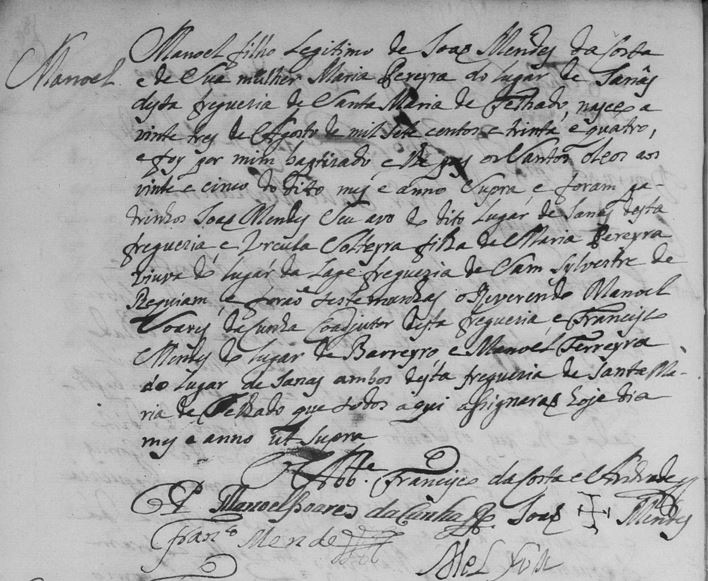 Bat Manoel Mendes da Costa primo Antonio Mendes Vale 1734 Telhado Braga Portugal