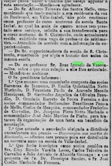 Art Bras Ignacio de Vasconcellos fim das aulas gratuitas a assciacao Jornal do Comercio 8 Fev1887 RJ
