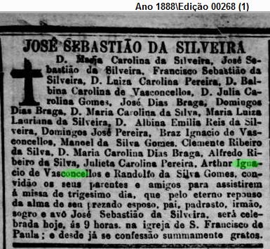 Art Bras Ignacio de Vasconcellos missa de 30o dia do sogro Jose Sebastiao da Silveira 23 Sep 1888 Jornal do Commercio RJ