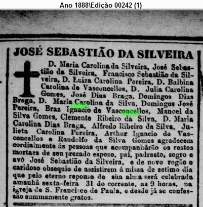 Art Bras Ignacio de Vasconcellos morte do sogro Jose Sebastiao da Silveira 30 Aug 1888 Jornal do Commercio RJ