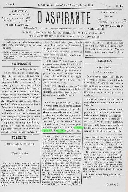 Art Bras Ignacio de Vasconcellos O Aspirante - Periodico literario e artistico dos alinos do Liceu de Artes e Oficios 20 Jan 1882 RJ PAGE