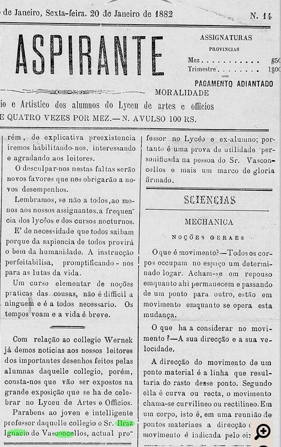 Art Bras Ignacio de Vasconcellos O Aspirante - Periodico literario e artistico dos alinos do Liceu de Artes e Oficios 20 Jan 1882 RJ