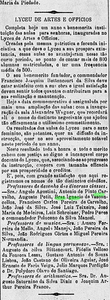 Art Bras Ignacio de vasconcellos O Globo 10 Oct 1882 Um ano de aulas para Senhoras no Liceu - RJ