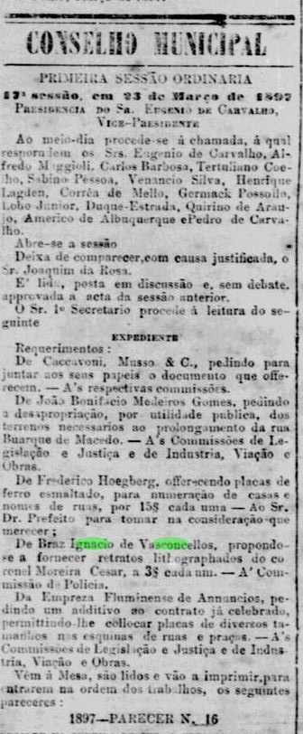 Art Bras Ignacio de Vasconcellos retratos Coronel Moreira Cesar retratos litografados Jornal do Commercio 24Mar1897 RJ