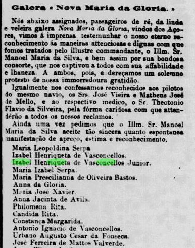 Art Isabel Henriquetta de vasconcellos chegada Vapor Nova Maria Gloria Jornal do Commercio 20 Feb 1872 part1