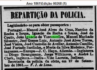 Art Joao Ignacio de vasconcellos 1861 legitimado para obter passaporte - Jornal do Commercio Rio