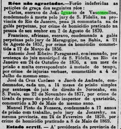 Art Joao Ignacio de Vasconcellos Assassinado por excravo em S Fidelis sentenca Jornal do Comercio RJ 6 Jun1878