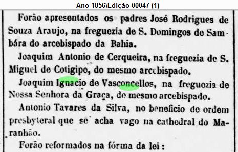 Art Joaquim Ignacio de Vasconcellos 17Feb1856 padre apresentado na NS da Graca Arcebispado da Bahia - Jornal do Commercio RJ