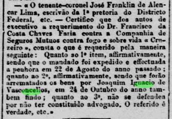 Art Joaquim Ignácio de Vasconcellos arremata bens penhorados da Seguradora Cruzeiro Jornal do Commercio 15Abr1897 RJ