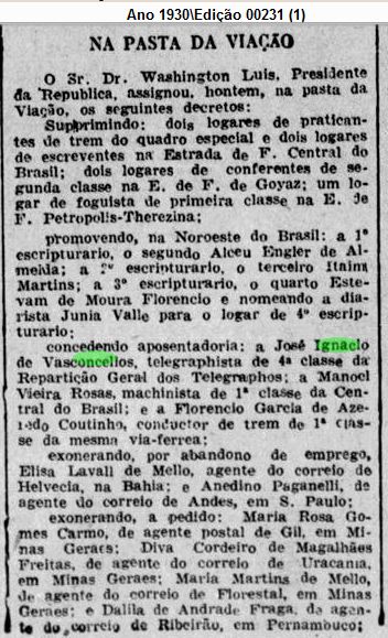 Art Jose Ignacio de Vasconcellos Aposentadoria telegrafista 1830 Jornal do Comercio RJ