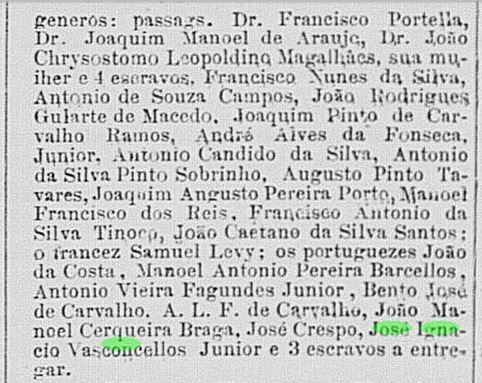 Art Jose Ignacio de vasconcellos Jr saido do Rio para Campos Correio Mercantio RJ 15Jul1868 B