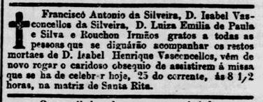 Art Obito Isabel Henriquetta de Vasocncellos 25 Nov 1874 Jornal do Commercio Rio nota de falecimento