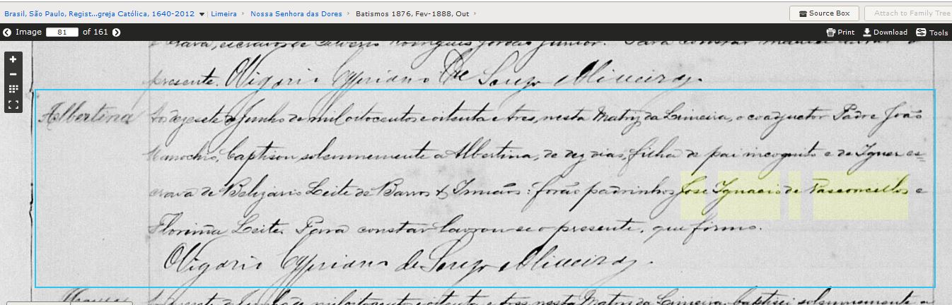 Bat Albertina - f escrava de Ignacia padrinho Jose Ignacio de Vasconcellos 1883 Limeira Sao Paulo