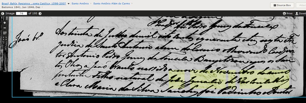 Bat Joao filho Jose Ignacio de Vasconcellos 1846 e Clara MAria da Silva em Santo Antonio Bahia A close