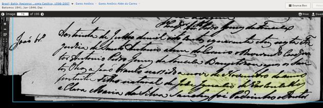 Bat Joao filho Jose Ignacio de Vasconcellos 1846 e Clara MAria da Silva em Santo Antonio Bahia A close