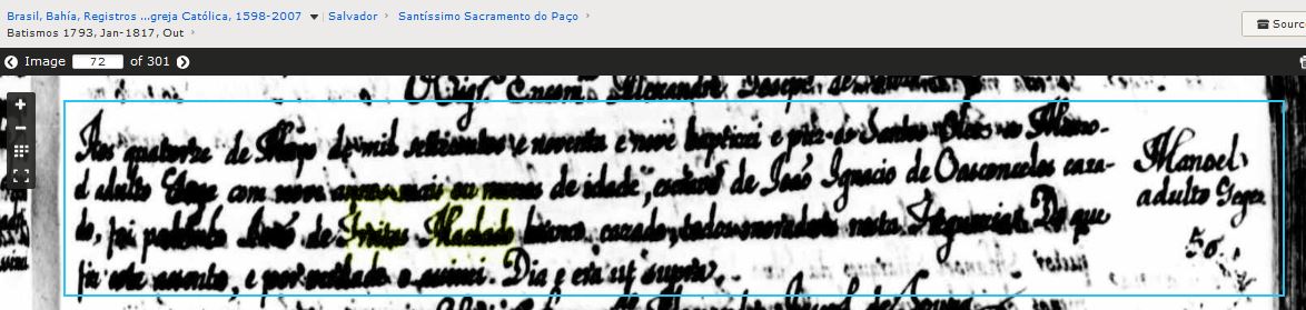 Bat Manoel escravo de Joao Ignacio de vasconcellos - Salvador Bahia 1799