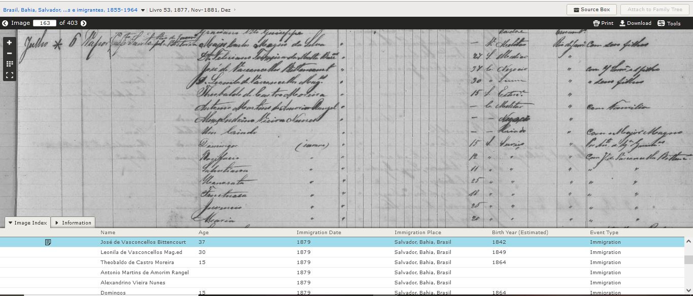 Passaporte imigracao entrada Jose de Vasconcellos Bittencourt 1879 Salvador Rio de janeiro com esposa, irmaos, filho e escravos