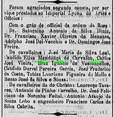 Srt Bras Ignacio de Vasconcellos O Globo Premio de Calleiros do Liceu 23mar1882 RJ