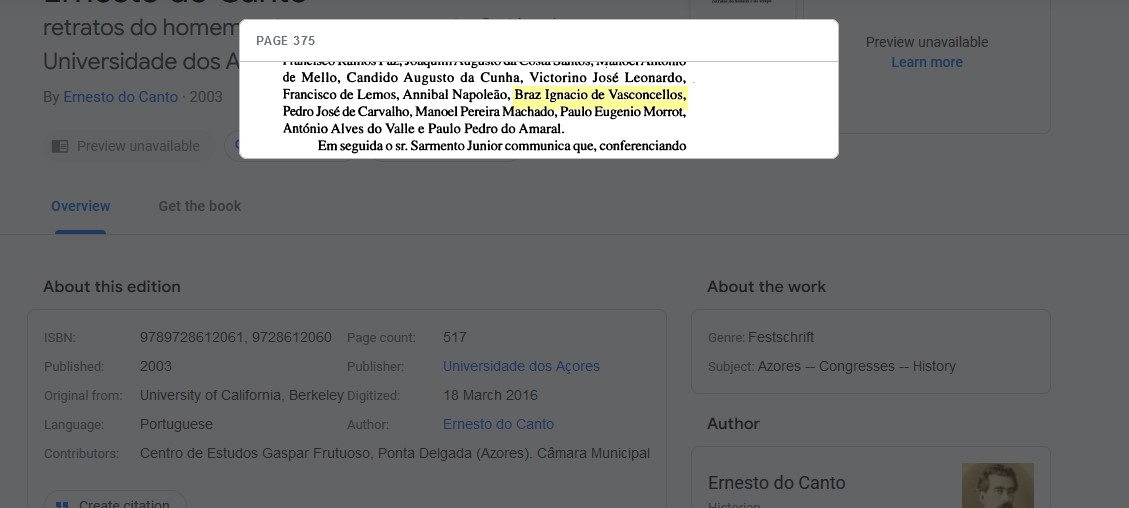 2003 Historiador Acoriano Ernesto do Canto cita Bras Ignacio de Vasconcellos - Ernesto do Canto retratos do homem e do tempo actas do