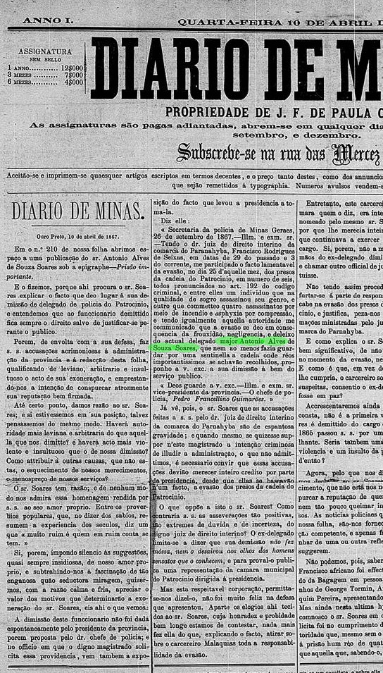 art 10Abr1867 Diario de Minas A - Jornal rebate defesa do Major Antonio Alves de Souza Soares