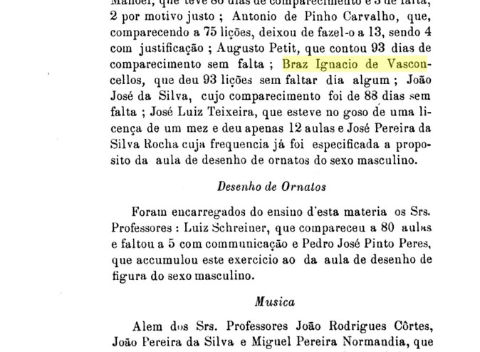 Art 1884 Relatorio do Lycêo de Artes e Officios - Page 74 Consta que Brás Ignácio de Vasconcellos deu 93 aulas, sem faltar