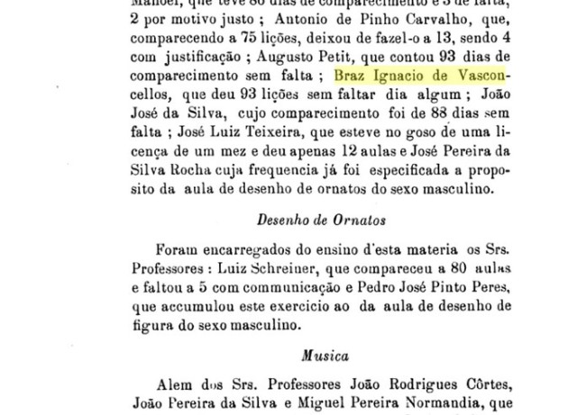 Art 1884 Relatorio do Lycêo de Artes e Officios - Page 74 Consta que Brás Ignácio de Vasconcellos deu 93 aulas, sem faltar