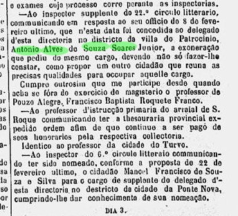 Art 22Apr1869 filho do Major, também chamado Antônio Alves de Souza Soares também delegado de Patrocínio