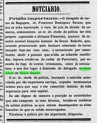 Art 7Oct1866 Major Antonio Alves de Souza Soares prisao do Africano Francisco fugido da cadeia - Diario de Minas
