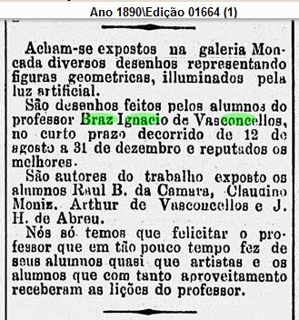Art Arthur de Vasconcellos alunoe e filho de Bras Ignacio de Vasconcellos 4 Jan 1888 - Diariod e Noticias RJ