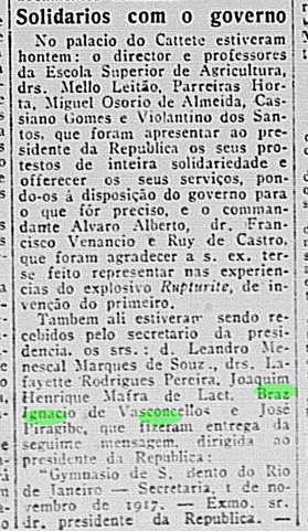 Art Bras de Ignacio de Vasconcellos e reitor Menescal solidariedade Presidente 1GM - A Correio da Manha 1917