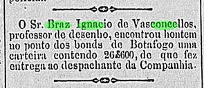 Art Bras Ignacio de Vasconcellos devolve devolve carteira com dinheiro encontrada no Ponde de Botafogo 18 Ap 1891 Diario do Commercio RJ