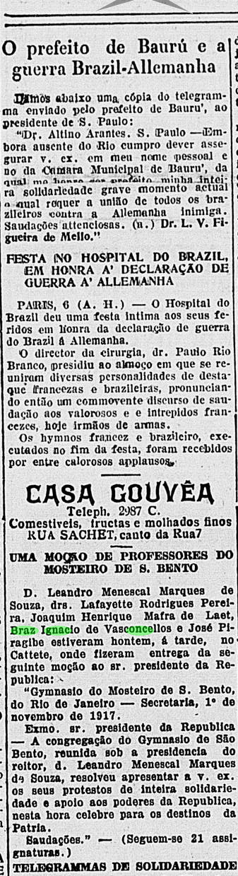 Art Bras Ignacio de Vasconcellos e reitor Menescal solidariedade 1GM 7 Nov 1917 A EPOCA RJ