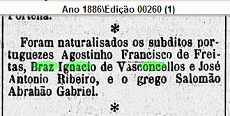 Art Bras Ignacio de Vasconcellos - naturalizado brasileiro - Diario de Noticias 21 Feb 1886 RJ