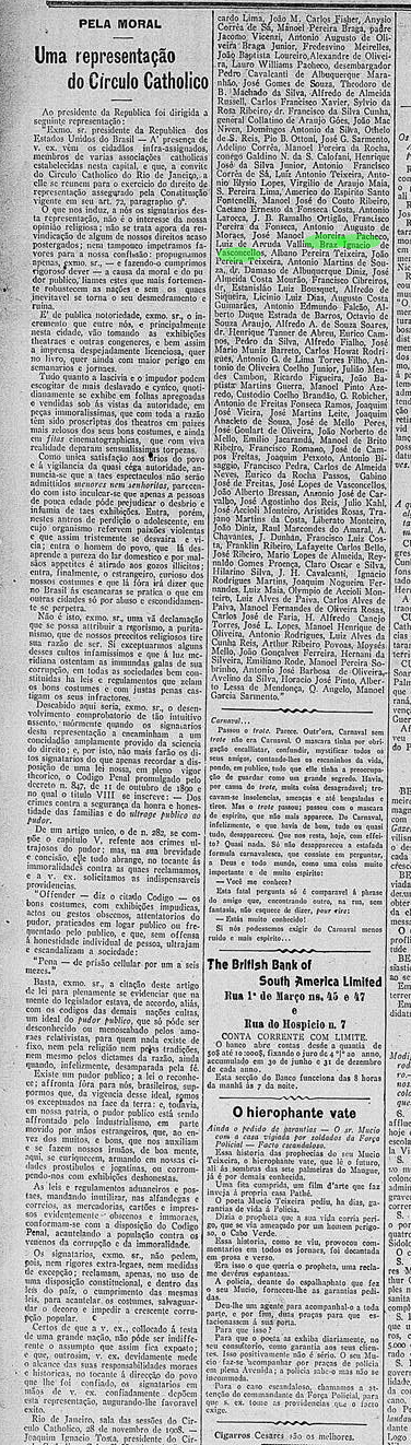Art Bras Ignacio de Vasconcellos pela moral circulo catolico carta ao presidente 6 Feb 1910 Correiod a Manha RJ