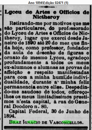 Art Bras Ignacio de Vasconcellos se despede do Liceu de Artes e Oficios de Niteroi 30 Jun - 3 jul 1894 O Fluminense